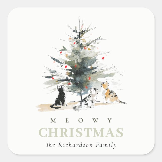 Niedlich Moderne Aquarellfarbe Weihnachtsbaumkatze Quadratischer Aufkleber (Vorderseite)