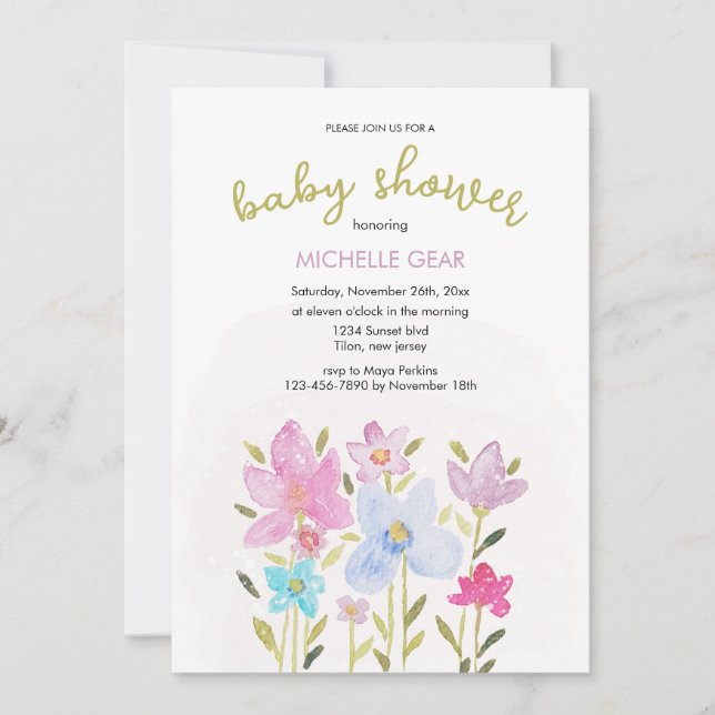 Niedlich Moderne Aquarellfarben Wildblume Illustra Einladung (Vorderseite)