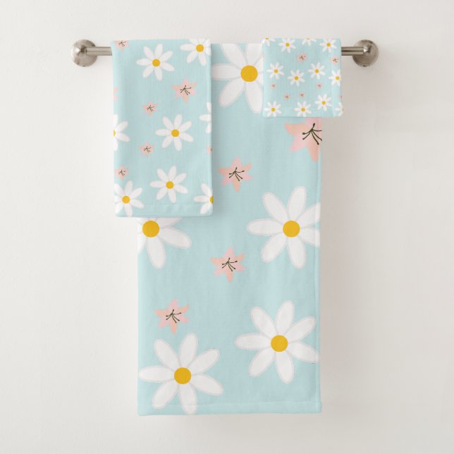 Niedlich Moderne Daisy Lilie Blume Rustikal nahtlo Badhandtuch Set (Insitu)