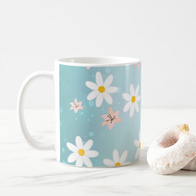Niedlich Moderne Daisy Lilie Blume Rustikal nahtlo Kaffeetasse (Mit Donut)