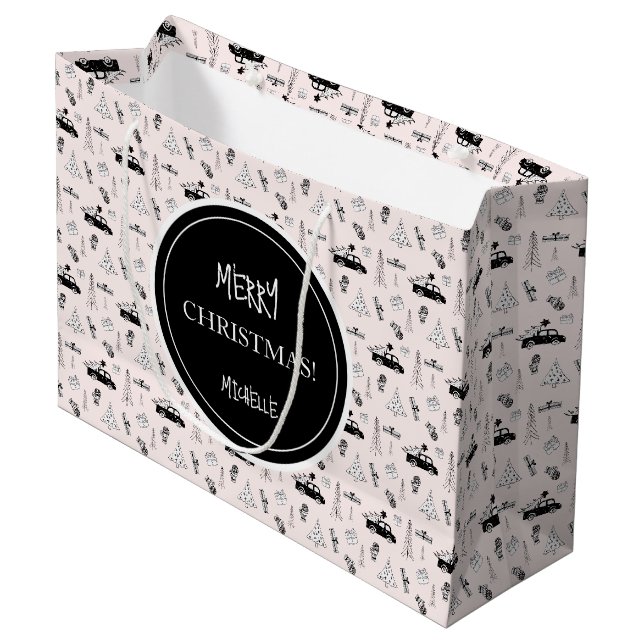 Niedlich Moderne Weihnachten Schwarz/Weiß Personal Große Geschenktüte (Vorderseite Schrägansicht)
