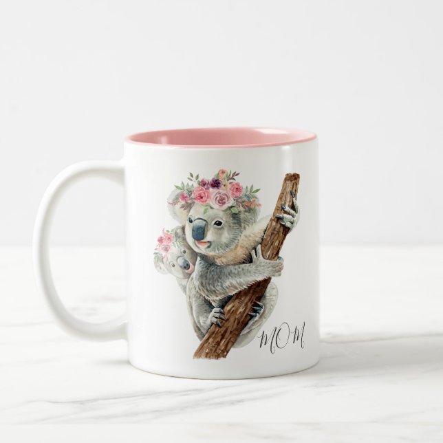 Niedlich Modernes Aquarell Floral Koala Personalis Zweifarbige Tasse (Links)