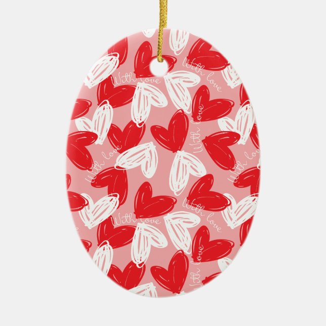 Niedlich Modernes Herz-Muster in Rot und Weiß Keramik Ornament (Vorne)