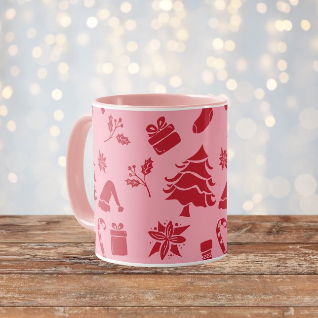 Niedlich Modernes Rosa Rotes Weihnachtsmuster Tasse (Von Creator hochgeladen)