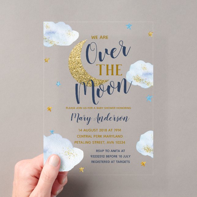 Niedlich Moon Navy Blue and Gold Glitzer Baby Dusc Acryleinladungen (Insitu (Handheld))
