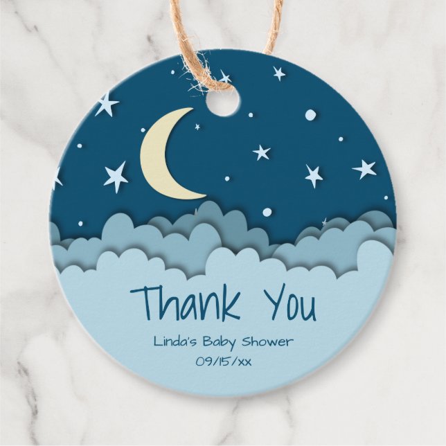 Niedlich Moon & Stars Dark Blue Danke Baby Dusche Geschenkanhänger (Vorderseite)