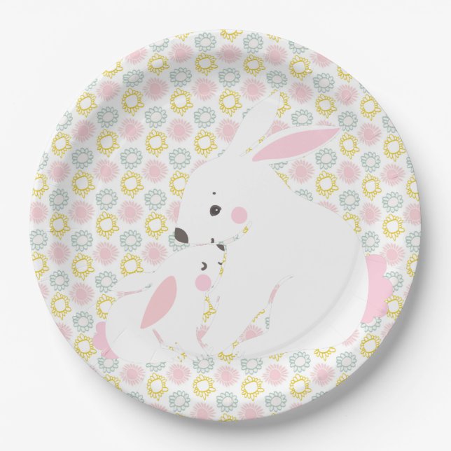 Niedlich Mother & Baby Girl Bunny Baby Dusche Pappteller (Vorderseite)