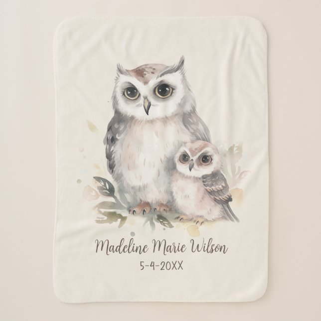 Niedlich Mother Baby Owl Name Geburtsdatum Sherpadecke (Vorderseite)