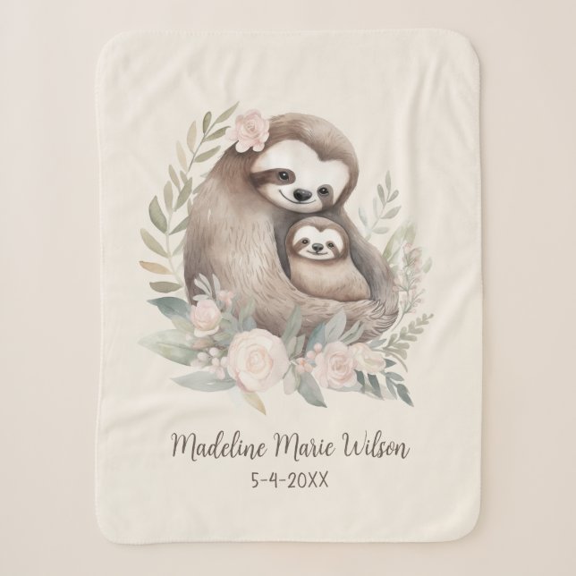 Niedlich Mother Baby Sloth Name Birthdate Sherpadecke (Vorderseite)