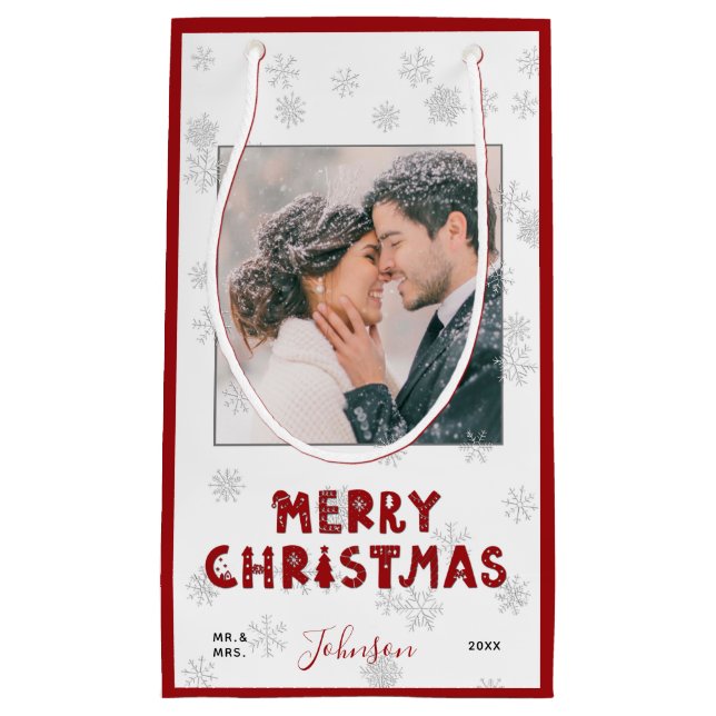 Niedlich Mr. & Mrs. Red Typografy Snowflake Foto X Kleine Geschenktüte (Vorderseite)