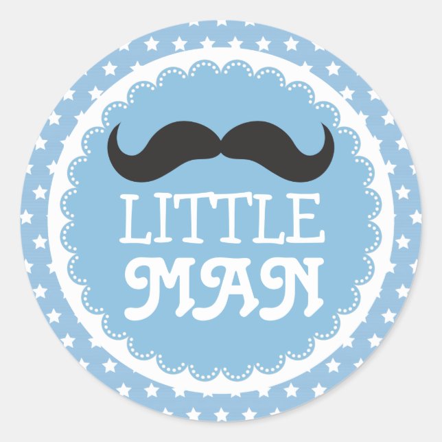 Niedlich Mustache Little Man Baby Dusche Blue Star Runder Aufkleber (Vorderseite)
