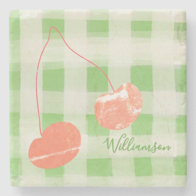 Niedlich Name Monogram Gingham Pastel Green Red Ch Steinuntersetzer (Vorderseite)
