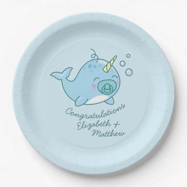 Niedlich Narwhal Baby Shower Kawaii Blue Boy Pappteller (Vorderseite)