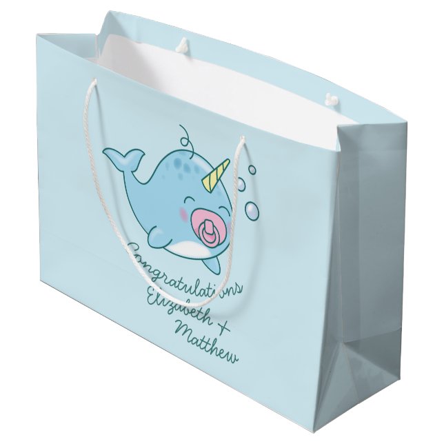Niedlich Narwhal Baby Shower Kawaii Pink Girl Große Geschenktüte (Rückseite Schrägansicht)