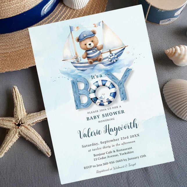 Niedlich Nautical Blue Boat Teddy Bear Boy Baby Du Einladung (Von Creator hochgeladen)