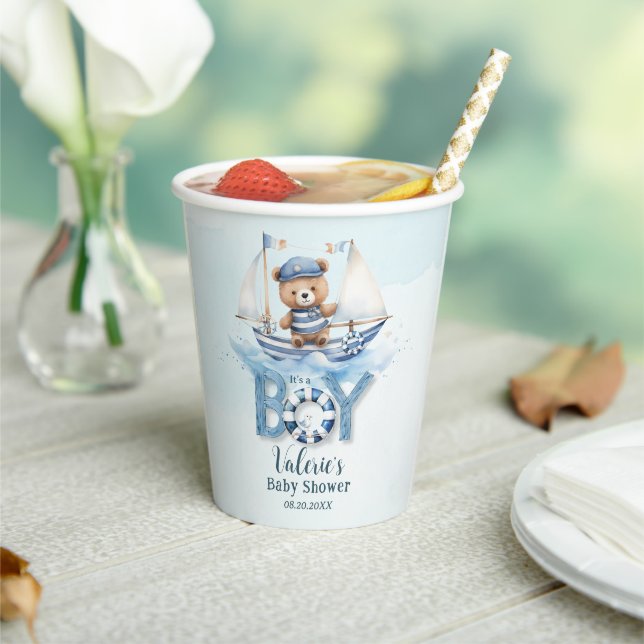 Niedlich Nautical Blue Boat Teddy Bear Boy Baby Du Pappbecher (In Situ)