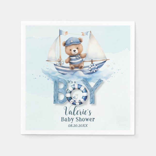 Niedlich Nautical Blue Boat Teddy Bear Boy Baby Du Serviette (Vorderseite)