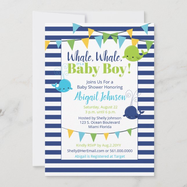 Niedlich Navy Blue Whale Baby Dusche Es ist ein Ju Einladung (Vorderseite)