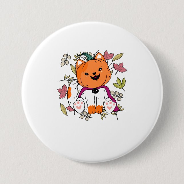 Niedlich Neko Kitten Pumpkin Mask Funny Hallowe Button (Vorderseite)
