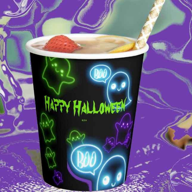 Niedlich Neon Green Lila Ghosts Happy Halloween Pappbecher (Von Creator hochgeladen)