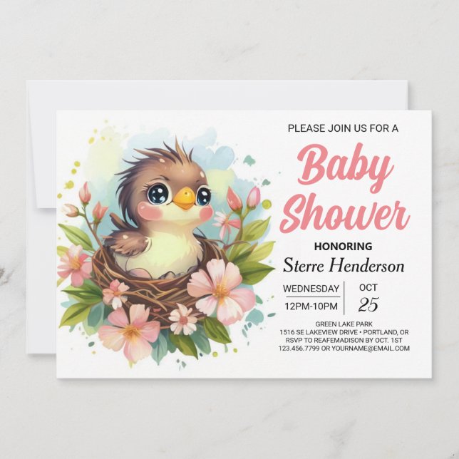 Niedlich Nest Elegant Bird Baby Dusche Einladung (Vorderseite)