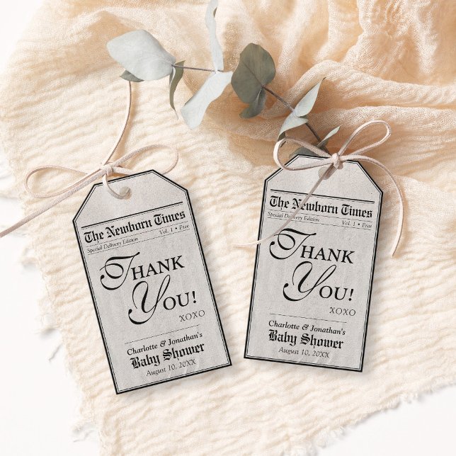 Niedlich Newspaper Babydusche Vielen Dank für Ihr  Geschenkanhänger (Cute The Newborn Times trendy newspaper style gender neutral Baby Shower thank you favor gift tags)