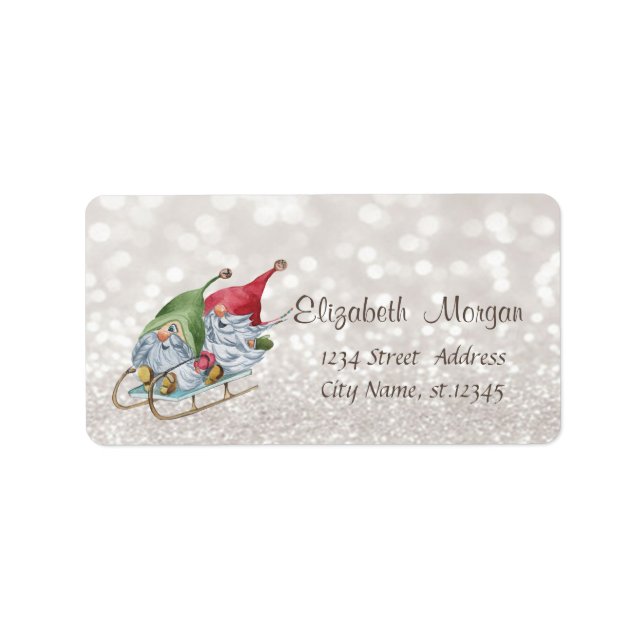 Niedlich Nordic Gnomes Sleigh Glittery Bokeh Adressaufkleber (Vorne)