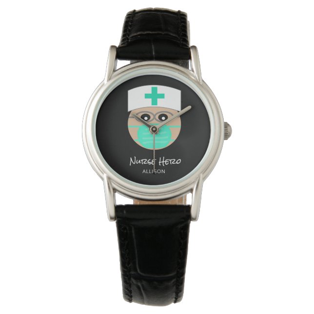 Niedlich Nurse Hero Schwarz-weiß Medizin Personali Armbanduhr (Vorderseite)