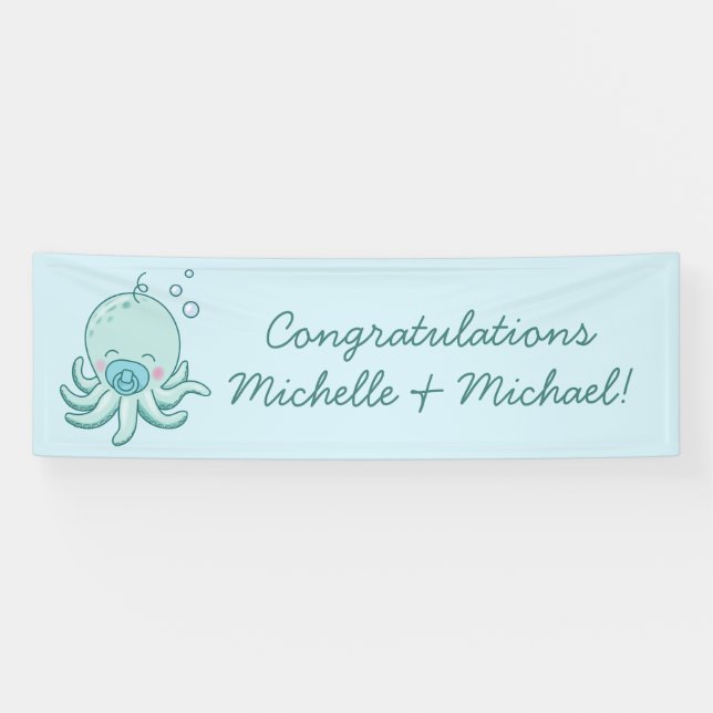 Niedlich Octopus Baby Shower Kawaii Blue Boy Banner (Horizontal)