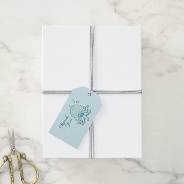 Niedlich Octopus Baby Shower Kawaii Blue Boy Geschenkanhänger (Mit Garn)