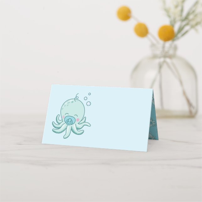 Niedlich Octopus Baby Shower Kawaii Blue Boy Platzkarte (Vorderseite)
