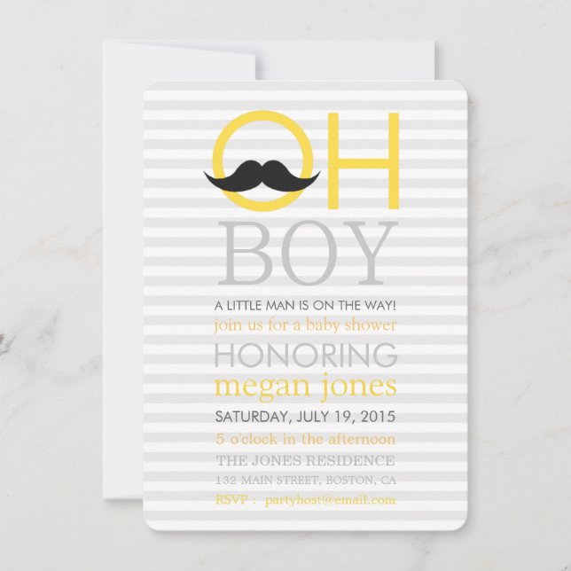 Niedlich Oh Boy Mustache Kinderdusche Einladungen (Vorderseite)