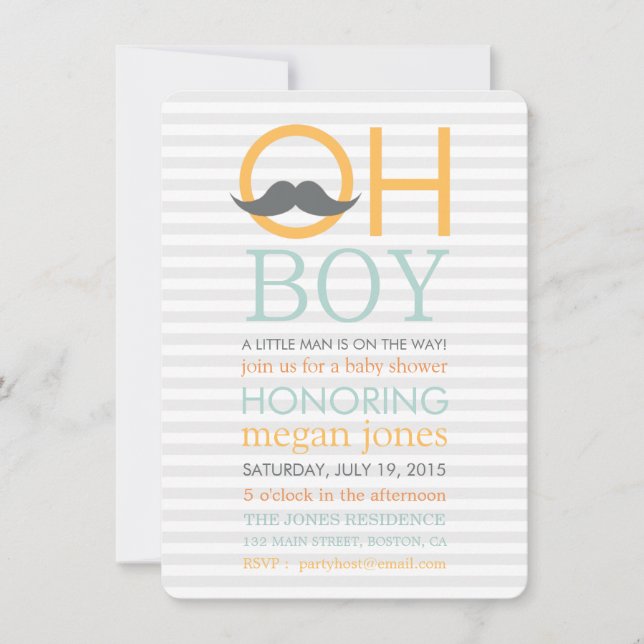 Niedlich Oh Boy Mustache Kinderdusche Einladungen (Vorderseite)