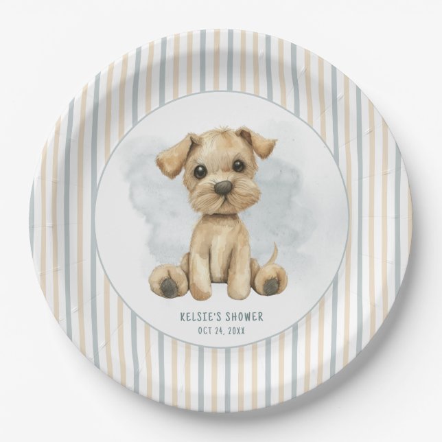 Niedlich Oh Boy Puppy Blue Baby Dusche Pappteller (Vorderseite)