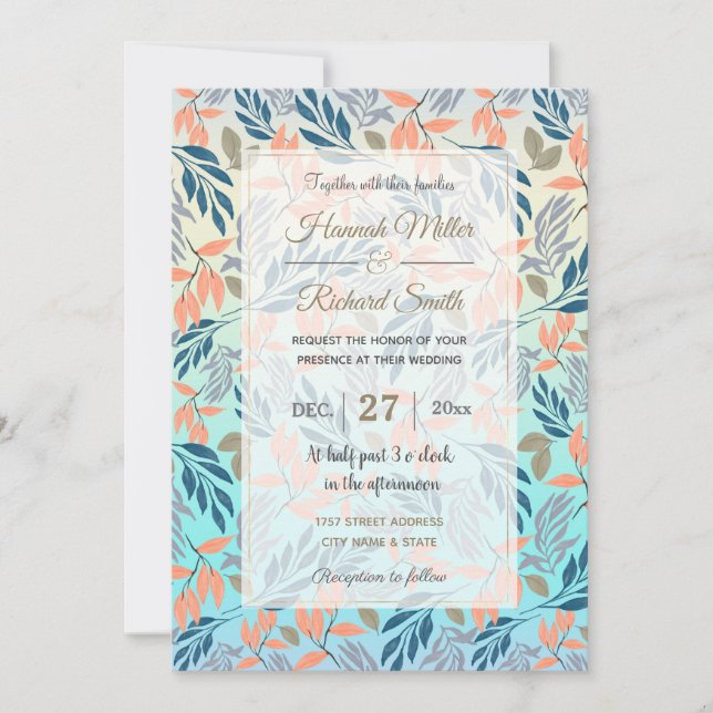 Niedlich Ombre Blue Orange Foliage Aquarellfarbe Einladung (Vorderseite)