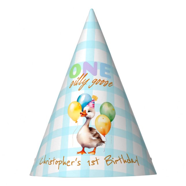 Niedlich One Albern Goose Boy Blue Gingham 1. Gebu Partyhütchen (Vorderseite)