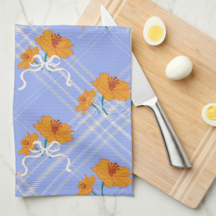 Niedlich Orange Blume Nahtlos auf Kariert Blue Geschirrtuch