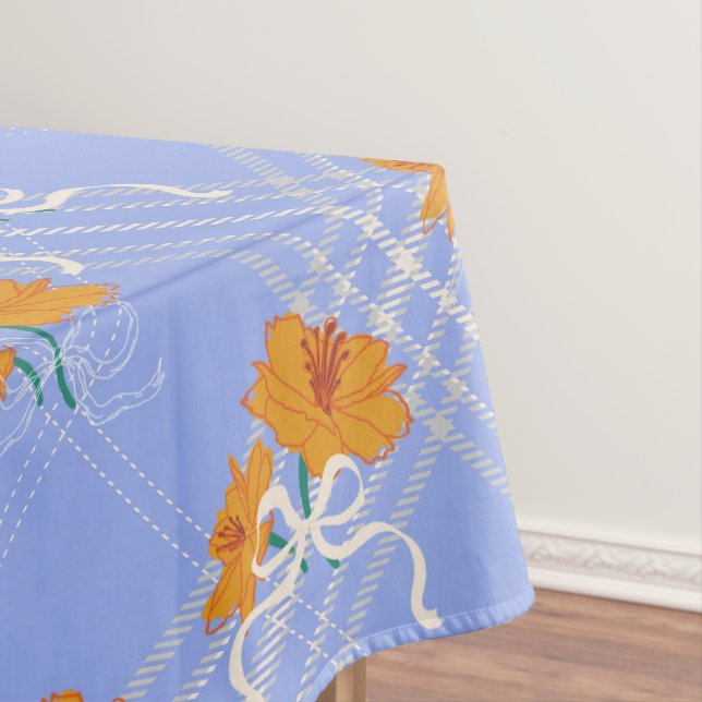 Niedlich Orange Blume Nahtlos auf Kariert Blue Tischdecke (Beispiel)
