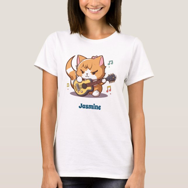Niedlich Orange Cat Playing Guitar T-Shirt (Vorderseite)