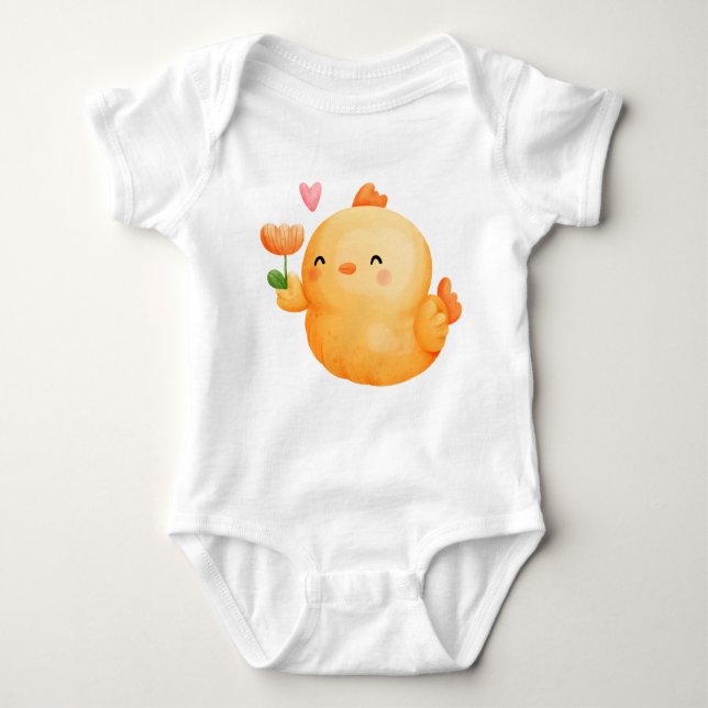 NIEDLICH ORANGE EASTER CHICK MIT PINK-BLUME BABY STRAMPLER (Vorderseite)