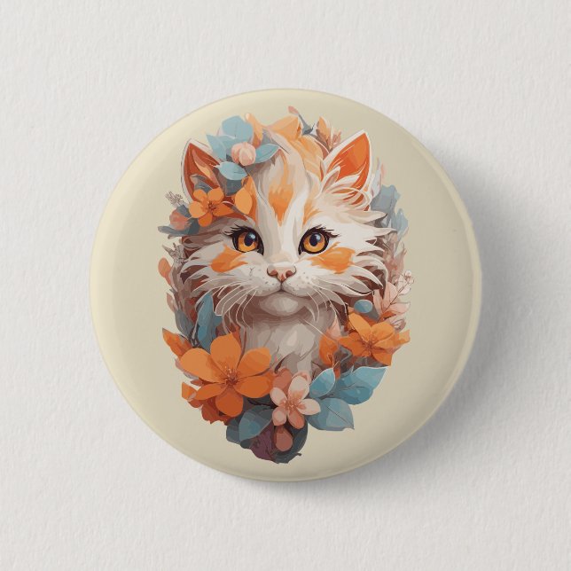 Niedlich Orange Floral Kitty Cat Button (Vorderseite)