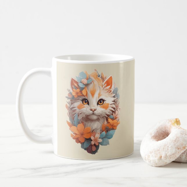 Niedlich Orange Floral Kitty Cat Kaffeetasse (Mit Donut)