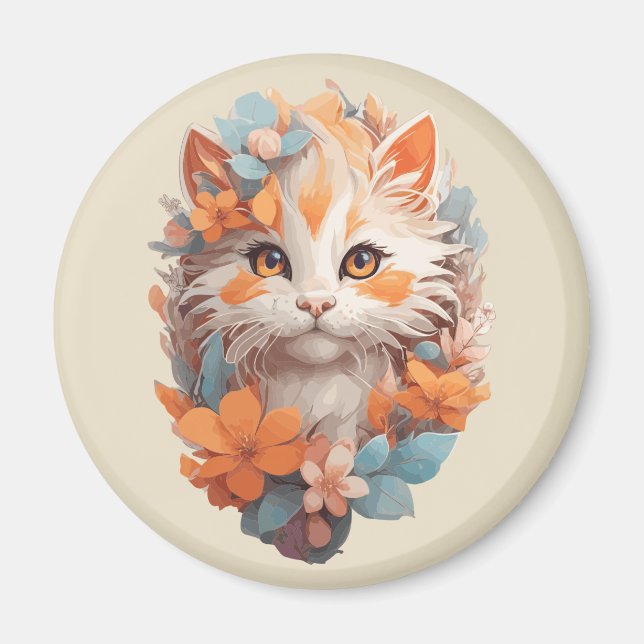 Niedlich Orange Floral Kitty Cat Magnet (Vorne)