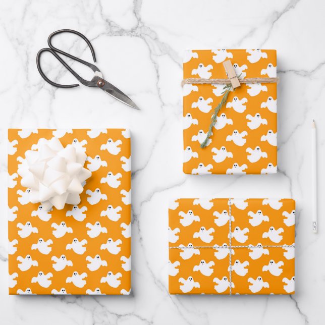 Niedlich Orange Ghost Halloween Geschenkpapier Set (Vorderseite)