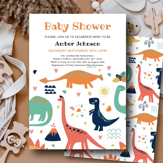 Niedlich Orange Green Baby Dinosaur Boy Baby Dusch Einladung (Von Creator hochgeladen)