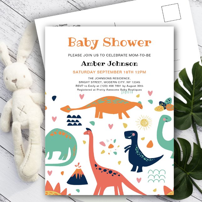 Niedlich Orange Green Baby Dinosaur Boy Baby Dusch Einladungspostkarte (Von Creator hochgeladen)
