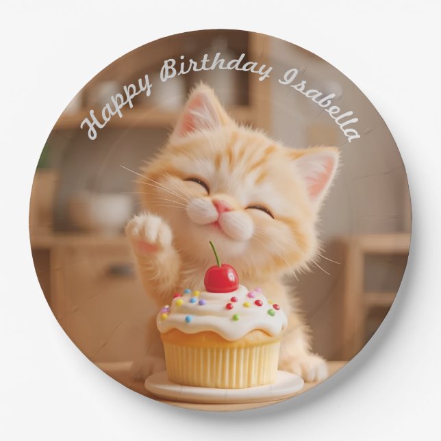 Niedlich Orange Kitten mit einem Cupcake Pappteller (Vorderseite)