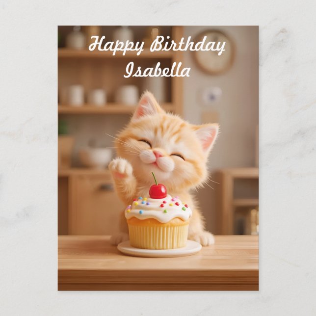 Niedlich Orange Kitten mit einem Cupcake Postkarte (Vorderseite)