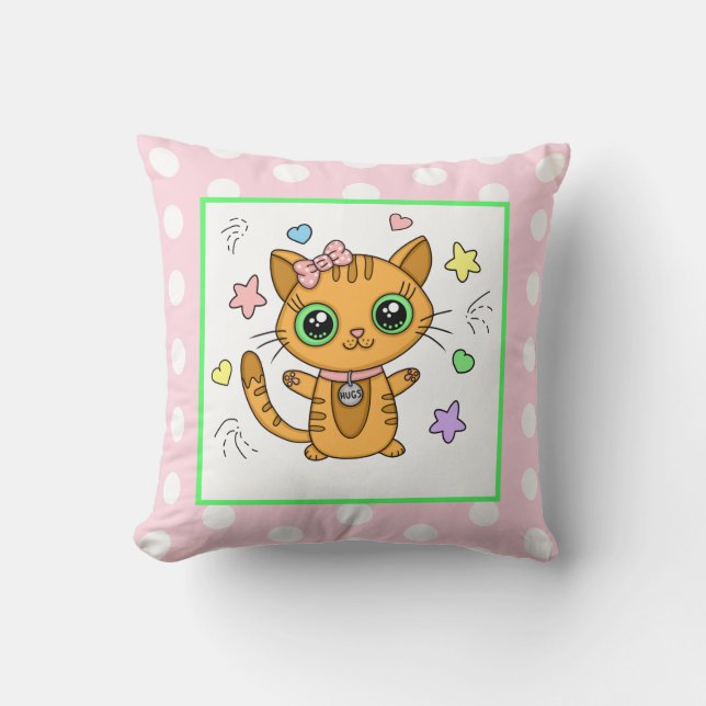Niedlich Orange Kitty Cat pink Polka Dot Kissen (Vorderseite)
