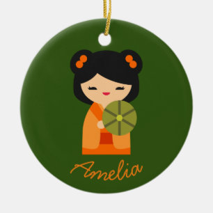 Niedlich orange Kokeshi Japanisch Puppen Keramik Ornament